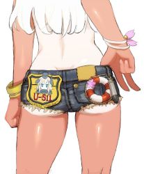 Rule 34 | 10s, 1girl, adapted object, ass, ass focus, badge, bangle, blonde hair, bracelet, butt crack, chaki (teasets), character name, character print, close-up, cutoffs, denim, denim shorts, english text, engrish text, jewelry, kantai collection, lifebuoy, long hair, one-piece tan, ranguage, ro-500 (kancolle), short shorts, shorts, simple background, solo, swim ring, tan, tanline, torpedo, u-511 (kancolle), white background