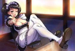 Rule 34 | 1girl, ;o, apron, areola slip, bow, breasts, brown hair, chair, cleavage, coupe50, dress, finger gun, frilled dress, frills, half-closed eyes, highres, indoors, kawakami sadayo, looking at viewer, maid, maid apron, maid headdress, medium breasts, one eye closed, pantyhose, persona, persona 5, pointing, pointing at viewer, short sleeves, sitting, solo, textless version, thighhighs, twintails, white pantyhose, yellow eyes