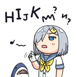 Rule 34 | 1girl, alphabet, blue eyes, commentary request, eighth note, grey sailor collar, hair ornament, hair over one eye, hairclip, hama! (3toshinhmkz), hamakaze (kancolle), index finger raised, kantai collection, music, musical note, neckerchief, no nose, quarter note, sailor collar, school uniform, serafuku, short hair, silver hair, simple background, singing, solo, stuffed animal, stuffed shark, stuffed toy, upper body, white background, yellow neckerchief