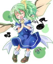 Rule 34 | 1girl, blouse, closed eyes, daiyousei, female focus, full body, green hair, leaning to the side, music, musical note, outline, own hands together, shirt, short hair, side ponytail, singing, socks, solo, standing, touhou, white background, white shirt, white socks, wings, yuuhi alpha