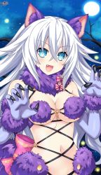 Rule 34 | bare shoulders, belly, black heart (neptunia), breasts, clalws, cleavage, collar, cosplay, fang, fate/grand order, fate (series), gloves, green eyes, halloween, happy, highres, lewdkuma, lingerie, little fang, long hair, mash kyrielight, mash kyrielight (dangerous beast), mash kyrielight (dangerous beast) (cosplay), medium breasts, midriff, navel, neptune (series), noire (neptunia), open mouth, ribbon, tsundere, underwear, very long hair, white hair
