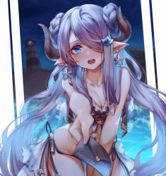 Rule 34 | 1girl, bikini, blue eyes, blush, breasts, cleavage, collarbone, commentary request, de da xianyu, draph, earrings, granblue fantasy, hair ornament, hair over one eye, happy birthday, horns, jewelry, letter, light purple hair, lighthouse, long hair, looking at viewer, love letter, medium breasts, narmaya (granblue fantasy), narmaya (summer) (granblue fantasy), open mouth, pointy ears, solo, star (symbol), star earrings, swimsuit, very long hair, white bikini