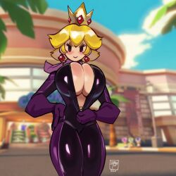 Rule 34 | 1girl, blonde hair, blurry, blurry background, blush, bodysuit, breasts, cleavage, cowboy shot, crown, earrings, gattles, gloves, hand on own hip, jewelry, large breasts, looking at viewer, mario (series), mario kart, mario kart wii, nintendo, paper mario, paper mario: the thousand year door, princess peach, scarf, shadow queen, short hair, solo, unzipping