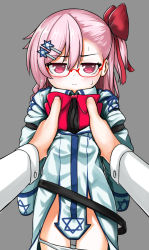 Rule 34 | 1girl, aged down, asymmetrical bangs, bad id, bad pixiv id, bespectacled, black background, blush, bow, closed mouth, furrowed brow, girls&#039; frontline, glasses, hair bow, hair ornament, hairclip, holding, long sleeves, looking at viewer, negev (girls&#039; frontline), one side up, oversized clothes, panties, panty pull, pelican (s030), pink eyes, pink hair, red-framed eyewear, red bow, simple background, solo focus, sweatdrop, underwear, white panties