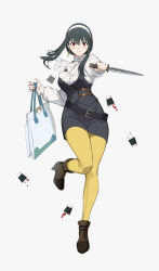 1girl ankle_boots bag belt belt_buckle black_hair blue_skirt blue_vest blush boots breasts brown_boots buckle closed_mouth cup earrings foot_up full_body gold_earrings grey_background hair_between_eyes hairband high_collar high_heel_boots high_heels highres holding holding_bag holding_knife jewelry knife large_breasts long_hair long_sleeves looking_at_viewer miniskirt official_alternate_costume outstretched_arm pantyhose red_eyes shirt sidelocks simple_background skirt solo spy_x_family spy_x_family_code:_white standing standing_on_one_leg sweatdrop tooku0 vest white_hairband white_shirt yellow_pantyhose yor_briar