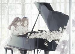 Rule 34 | 2girls, black hair, blue ribbon, dress, closed eyes, flower, grand piano, hairband, indoors, instrument, kakmxxxny06, long hair, long sleeves, multiple girls, music, open mouth, original, piano, playing instrument, playing piano, ponytail, ribbon, sidelocks, silver hair, sitting, white dress, window