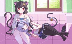 Rule 34 | 2girls, absurdres, animal ears, black hair, blush, cat ears, cat girl, cat tail, feet, highres, long hair, lying, multiple girls, open mouth, original, pantyhose, playing games, purple eyes, red eyes, sitting, tail, toes, yao (pixiv9482697)