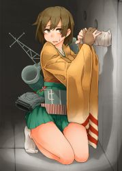 Rule 34 | 10s, 1girl, brown eyes, brown hair, gloves, hiryuu (kancolle), japanese clothes, kantai collection, kneeling, looking to the side, ninjunker, partially fingerless gloves, partly fingerless gloves, quiver, radio antenna, sexually suggestive, short hair, single glove, skirt, solo, sweatdrop, tabi, wide sleeves, yugake