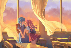 Rule 34 | 2girls, aged down, ahoge, backpack, bag, blue dress, blue hair, blush stickers, braid, chair, classroom, closed eyes, cloud, cloudy sky, commentary, contemporary, curtains, desk, dress, english commentary, fire emblem, fire emblem: three houses, green little, hilda valentine goneril, indoors, kiss, long hair, looking at another, marianne von edmund, multiple girls, nintendo, own hands clasped, own hands together, pink hair, pleated skirt, red skirt, school desk, school uniform, skirt, sky, sunset, surprise kiss, surprised, twintails, v arms, wind, window, yuri