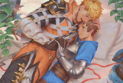 Rule 34 | 2boys, armor, bara, bed, blonde hair, blue eyes, blush, brown eyes, brown hair, couple, fighter (granblue fantasy), gauntlets, gloves, gran (granblue fantasy), granblue fantasy, hand grab, hand on another&#039;s head, headpat, holding hands, interlocked fingers, looking at another, lying, male focus, multiple boys, muscular, muscular male, on bed, open mouth, penguin frontier, pillow, short hair, shy, smile, vane (granblue fantasy), yaoi