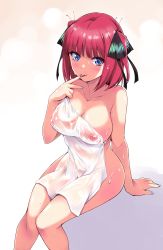 Rule 34 | 1girl, :p, absurdres, arm support, black ribbon, blue eyes, blue nails, blunt bangs, blush, breasts, collarbone, commentary request, covered erect nipples, covering privates, eyebrows hidden by hair, finger to mouth, go-toubun no hanayome, hair ribbon, highres, hikari no oukokumin, knees together feet apart, large breasts, nail polish, nakano nino, naked towel, naughty face, nipples, nude, nude cover, red hair, ribbon, see-through, short hair, sitting, solo, tongue, tongue out, towel, two side up, wet
