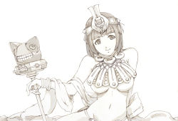 Rule 34 | 1girl, ancient princess menace, bandages, breasts, crown, egyptian, large breasts, menace (queen&#039;s blade), menace (queen's blade), midriff, monochrome, navel, queen&#039;s blade, setra, sitting, smile, solo, taka (paper500), underboob, wrist cuffs