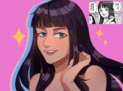 1girl absurdres bare_shoulders black_hair blue_eyes blunt_bangs colored_shadow commentary english_commentary hand_in_own_hair highres long_hair nico_robin one_piece photo-referenced pink_background pkhibiya shadow simple_background smile solo sparkle teeth upper_body upper_teeth_only watermark