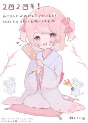 Rule 34 | 1girl, :d, ame usako, animal, blue kimono, blush, bow, branch, brown eyes, chinese zodiac, commentary request, floral print, flower, furisode, hagoita, hair bow, hair ornament, heart, holding, japanese clothes, kimono, long sleeves, making-of available, mouse (animal), open mouth, original, paddle, pink flower, pink hair, print kimono, rabbit hair ornament, seiza, shuttlecock, sitting, smile, solo, striped, striped bow, teeth, translation request, two side up, upper teeth only, white background, wide sleeves, year of the rat