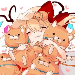 Rule 34 | 1girl, :3, bad id, bad twitter id, blonde hair, bow, cat, closed mouth, closed eyes, flandre scarlet, gotou (nekocat), hair between eyes, hat, hat bow, heart, hug, long hair, mob cap, one side up, red bow, smile, solo, touhou, upper body, white background, wings