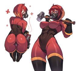 Rule 34 | 1girl, :d, abs, ass, black footwear, black gloves, blush, bodysuit, breasts, commentary, dispenser (team fortress), english commentary, flame print, from behind, gas mask, genderswap, genderswap (otf), gloves, half-closed eyes, hammer, hands up, healing, highres, holding, holding weapon, hood, hood up, impossible clothes, large breasts, leaning forward, looking at viewer, looking back, looking down, mask, multiple views, muscular, muscular female, open mouth, pyro (tf2), red bodysuit, red eyes, red pyro (tf2), simple background, skin tight, sledgehammer, smile, team fortress 2, variant set, weapon, weapon on back, wersman, white background, zipper