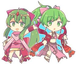 Rule 34 | 2girls, anklet, artist request, barefoot, blush, bow, bracelet, breasts, cape, circlet, cleavage, dancer, dress, earrings, fire emblem, fire emblem: genealogy of the holy war, fire emblem: mystery of the emblem, fire emblem heroes, green eyes, green hair, hair bow, hair ornament, jewelry, lene (fire emblem), long hair, lowres, multiple girls, nintendo, pink dress, pink legwear, pointy ears, ponytail, skirt, smile, tiara, tiki (fire emblem), tiki (young) (fire emblem), white background