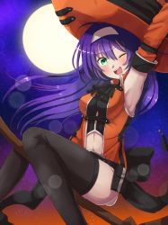 Rule 34 | 1girl, arm up, armpits, bad id, bad twitter id, black thighhighs, blue hair, broom, broom riding, clothing cutout, detached sleeves, fire emblem, fire emblem: path of radiance, fire emblem heroes, green eyes, halloween costume, hat, headband, highres, long hair, mia (fire emblem), moon, nagisa fe, navel cutout, night, night sky, nintendo, one eye closed, open mouth, sky, solo, star (sky), thighhighs, white headband, witch hat