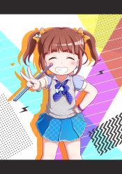 Rule 34 | 1girl, ^ ^, blue neckwear, blue shirt, blue skirt, blush, bow, brown hair, closed eyes, drumsticks, facing viewer, goth risuto, grin, hair bow, hand on own hip, holding, letterboxed, lightning bolt symbol, orange bow, outstretched arm, pleated skirt, polka dot, polka dot neckwear, puffy short sleeves, puffy sleeves, saeki hina, shirt, short sleeves, skirt, smile, solo, sweater vest, tokyo 7th sisters, twintails, v, white bow