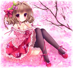 Rule 34 | 1girl, bad id, bad pixiv id, bare shoulders, black thighhighs, braid, branch, brown hair, cherry blossoms, collarbone, dress, flats, flower, frilled thighhighs, frills, full body, hair flower, hair intakes, hair ornament, knees together feet apart, knees up, kouta., off shoulder, original, plant, purple eyes, red dress, shoes, solo, thighhighs, thighs, too many, too many frills, tree, zettai ryouiki