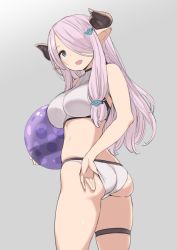 Rule 34 | 10s, 1girl, :d, adjusting clothes, adjusting swimsuit, ass, bad id, bad twitter id, ball, beachball, bikini, blue eyes, braid, breasts, cowboy shot, draph, from behind, granblue fantasy, grey background, hair ornament, hair over one eye, holding, holding ball, horns, impossible clothes, impossible swimsuit, inactive account, large breasts, light purple hair, long hair, looking at viewer, looking back, narmaya (granblue fantasy), nora higuma, open mouth, pointy ears, side braid, sidelocks, simple background, smile, solo, swimsuit, thigh strap, twisted torso, white bikini