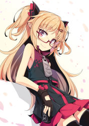 Rule 34 | 1girl, akatsuki uni, armpits, bare arms, bare shoulders, black gloves, black shirt, black thighhighs, blonde hair, blush, character name, closed mouth, cowboy shot, cup, disposable cup, fang, glasses, gloves, hair ornament, hair ribbon, hairclip, head tilt, highres, holding, holding cup, long hair, looking at viewer, ogami kazuki, oversized zipper, partially fingerless gloves, pleated skirt, red-framed eyewear, red eyes, red skirt, ribbon, semi-rimless eyewear, shirt, sidelocks, skirt, sleeveless, sleeveless shirt, smile, solo, thick eyebrows, thighhighs, two side up, under-rim eyewear, uni create, virtual youtuber, white background, zettai ryouiki, zipper pull tab
