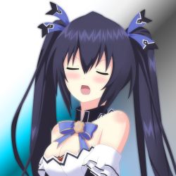 Rule 34 | annoyed, bare shoulders, black hair, blue background, breasts, cleavage, collar, dress, highres, long hair, medium breasts, mirroa1015, neptune (series), noire (neptunia), open mouth, ribbon, tsundere, twintails, upper body, very long hair