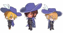 Rule 34 | 1boy, 2girls, black footwear, black jacket, black pants, blonde hair, blue cape, blue necktie, boots, brown eyes, brown hair, cape, chibi, chibi only, don quixote (project moon), hat feather, huyj cl, jacket, limbus company, long sleeves, looking at viewer, multiple girls, necktie, outis (project moon), pants, project moon, simple background, sinclair (project moon), white background, yellow eyes
