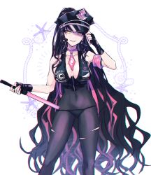 Rule 34 | 1girl, adjusting clothes, adjusting headwear, arm up, bikini, black bikini, black gloves, black hair, black hat, bodystocking, breasts, covered navel, earrings, fate/grand order, fate (series), feet out of frame, fingerless gloves, fingernails, gloves, grin, hand up, hat, holding, jewelry, katagiri (mighty swing), large breasts, long hair, looking at viewer, multicolored hair, nail polish, necktie, peaked cap, pink armband, pink hair, pink nails, pink necktie, seashell, sessyoin kiara, sessyoin kiara (swimsuit mooncancer), sessyoin kiara (swimsuit mooncancer) (second ascension), shell, sidelocks, smile, solo, star (symbol), starfish, streaked hair, swimsuit, torn bodystocking, torn clothes, traffic baton, twitter username, very long hair, wavy hair, white background, yellow eyes