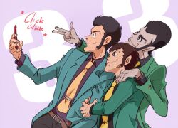 Rule 34 | 1boy, arm hug, arsene lupin iii, belt, black eyes, black pants, black shirt, bright pupils, brown belt, collared shirt, dutch angle, facial hair, finger gun, fingernails, green jacket, hand hair, hand on another&#039;s shoulder, holding, holding phone, jacket, knuckle hair, long sideburns, long sleeves, lupin iii, lupin the third: mine fujiko to iu onna, male focus, multiple persona, necktie, nowit7hotter, pants, phone, purple background, selfie, shirt, short hair, sideburns, sideburns stubble, smile, stubble, white pupils, yellow necktie