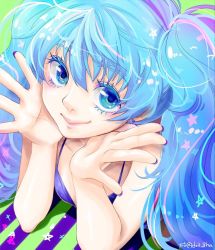 Rule 34 | 1girl, blue eyes, blue hair, colored eyelashes, dh (booom38), earrings, eyelashes, hatsune miku, highres, jewelry, jpeg artifacts, matching hair/eyes, nail polish, purple nails, smile, solo, star (symbol), star earrings, striped, twintails, twitter username, upper body, vocaloid