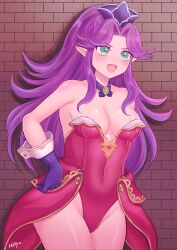 Rule 34 | 1girl, angela (seiken densetsu 3), areola slip, artist name, artist request, bare shoulders, blush, breasts, brick wall, collarbone, covered navel, crown, female focus, gloves, green eyes, hair intakes, hand on own hip, highres, jewelry, leotard, long hair, medium breasts, navel, necklace, open mouth, pointy ears, purple gloves, purple hair, red leotard, red skirt, seiken densetsu, seiken densetsu 3, sidelocks, skirt, solo, square enix, standing, thighs, tongue, very long hair