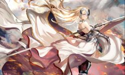 Rule 34 | 1girl, ahoge, armor, blonde hair, eyebrows hidden by hair, fate/apocrypha, fate/grand order, fate (series), flag, headpiece, holding, holding flag, holding weapon, jeanne d&#039;arc (fate), jeanne d&#039;arc (ruler) (fate), long hair, looking at viewer, looking back, purple eyes, shengkong (prank), solo, standing, weapon