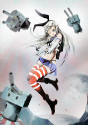 Rule 34 | 10s, 1girl, anchor, black panties, blonde hair, elbow gloves, gloves, hair ornament, hairband, kantai collection, long hair, microskirt, panties, pantyshot, personification, rensouhou-chan, shimakaze (kancolle), simple background, skirt, solo, striped clothes, striped thighhighs, thighhighs, underwear, upskirt, white gloves, zakkyi (iwakky)
