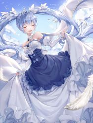 Rule 34 | 1girl, absurdres, armpits, bad id, bad twitter id, bare shoulders, bird, blue gemstone, blue hair, blue sky, blush, cape, clothes lift, cloud, commentary, corset, day, detached collar, detached sleeves, dress, dress lift, dutch angle, earrings, closed eyes, facing viewer, feathers, floating hair, gem, hair ornament, hair ribbon, hatsune miku, highres, jewelry, juliet sleeves, lifted by self, long hair, long sleeves, open mouth, outdoors, pendant, puffy sleeves, r o ha, ribbon, skirt, skirt hold, sky, smile, snow, snowflakes, solo, strapless, strapless dress, symbol-only commentary, tiara, twintails, very long hair, vocaloid, white ribbon, wind, wind lift, yuki miku, yuki miku (2019)