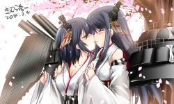 Rule 34 | 10s, 2girls, ^ ^, artist name, bare shoulders, black hair, cannon, cherry blossoms, closed eyes, french kiss, fusou (kancolle), hair ornament, incest, interlocked fingers, kantai collection, kimura shuuichi, kiss, long hair, multiple girls, personification, short hair, signature, tree, wide sleeves, yamashiro (kancolle), yuri