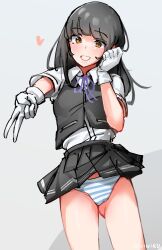 Rule 34 | 1girl, black hair, brown eyes, collared shirt, dress shirt, eyebrows hidden by hair, gloves, gluteal fold, grey skirt, grey vest, grin, hayashio (kancolle), hayashio kai ni (kancolle), heart, kantai collection, long hair, mani oniniku, mole, mole under eye, one-hour drawing challenge, panties, parted lips, pleated skirt, shirt, simple background, skirt, smile, solo, striped clothes, striped panties, underwear, v, vest, white gloves, white shirt