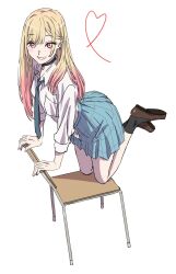 Rule 34 | 1girl, blonde hair, blush, chair, choker, collared shirt, full body, gradient hair, heart, highres, kitagawa marin, loafers, long hair, looking at viewer, multicolored hair, nagasawa reiko (animator), necktie, pink eyes, pink hair, pleated skirt, school uniform, shirt, shoes, simple background, skirt, smile, solo, sono bisque doll wa koi wo suru, two-tone hair, white background