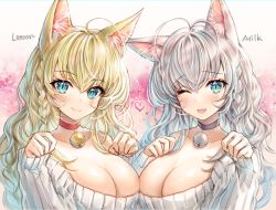 2girls, animal ears, aqua eyes, bangs, bare shoulders, bell, blonde hair, blush, braid, breasts, cat ears, choker, cleavage, closed mouth, collarbone, eyebrows visible through hair, fang, hair between eyes, heart, highres, long hair, long sleeves, looking at viewer, mirukurim, multiple girls, neck bell, off shoulder, one eye closed, open mouth, original, paw pose, pink background, silver hair, skin fang, smile, sweater, upper body