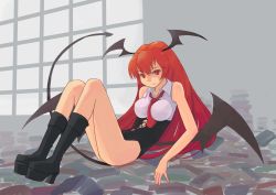 Rule 34 | 1girl, adapted costume, bat wings, boots, breasts, demon tail, female focus, head wings, highres, koakuma, large breasts, light smile, long hair, pinzu, red eyes, red hair, solo, tail, embodiment of scarlet devil, touhou, wings