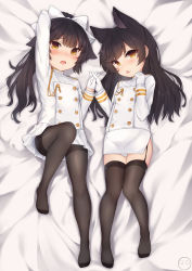 2girls absurdres aged_down animal_ears atago_(azur_lane) azur_lane black_hair blush bow child fang garter_straps gloves hair_bow highres holding_hands john_zerowb long_hair military military_uniform miniskirt multiple_girls panties pantyhose pantyshot pencil_skirt ponytail skin_fang skirt tagme takao_(azur_lane) thighhighs underwear yellow_eyes