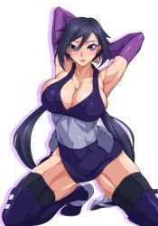Rule 34 | 10s, 1girl, armpits, arms up, ayame (gundam build divers), black hair, black thighhighs, breasts, cleavage, elbow gloves, gloves, gundam, gundam build divers, hair between eyes, highres, hip armor, japanese clothes, kimono, kneeling, large breasts, long hair, looking at viewer, ninja, open mouth, ozaneko, ponytail, purple eyes, purple gloves, scarf, shiny clothes, shiny skin, short kimono, sideboob, simple background, sleeveless, sleeveless kimono, solo, thighhighs, thighs, white background