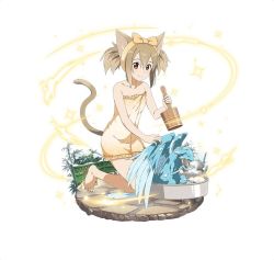 Rule 34 | 1girl, animal ears, barefoot, brown hair, cat ears, cat tail, collarbone, feet, floral print, frills, full body, hair between eyes, holding, kneeling, long hair, naked towel, official art, orange towel, pina (sao), red eyes, sidelocks, silica, silica (sao-alo), simple background, smile, solo, sword art online, tail, toes, towel, twintails, white background