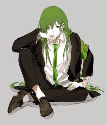 Rule 34 | 1boy, armband, black jacket, black pants, brown eyes, brown footwear, closed mouth, collared shirt, green armband, green hair, green nails, green necktie, grey background, hand up, highres, jacket, kitakawayui, knee up, lobotomy corporation, long hair, male focus, necktie, netzach (project moon), pants, project moon, shirt, shoes, simple background, sitting, smile, solo, very long hair, white shirt, wing collar