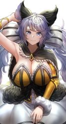 Rule 34 | 1girl, absurdres, animal ears, arm up, armpits, black capelet, braco, breasts, brooch, capelet, cleavage, closed mouth, collarbone, commentary, english commentary, fur trim, granblue fantasy, hair between eyes, hair ribbon, highres, jewelry, large breasts, long hair, looking at viewer, low twintails, purple eyes, purple hair, ribbon, satyr (granblue fantasy), simple background, solo, twintails, upper body, very long hair, white background