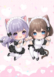 Rule 34 | 2girls, :3, :d, animal ears, apron, black bow, black dress, black footwear, blush, bow, brown hair, cat ears, cat girl, cat tail, chibi, chitetan, closed mouth, commentary request, dress, eyebrows hidden by hair, frilled apron, frills, hair bow, hands up, heart, maid, maid apron, maid headdress, multiple girls, open mouth, original, pantyhose, paw pose, puffy short sleeves, puffy sleeves, purple eyes, purple hair, shoes, short sleeves, smile, tail, tail bow, tail ornament, white apron, white pantyhose, wrist cuffs