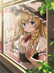 Rule 34 | 1girl, apron, black hat, black skirt, blonde hair, blue eyes, blue nails, blurry, blurry foreground, blush, bow, braid, center frills, commentary request, curtains, frilled apron, frilled shirt collar, frills, hair between eyes, hair bow, hat, hat bow, heart, high-waist skirt, highres, indoors, kirisame marisa, long hair, looking at viewer, nail polish, neck ribbon, puffy short sleeves, puffy sleeves, rainbow, red ribbon, ribbon, shirt, short sleeves, single braid, skirt, smile, solo, touhou, upper body, waist apron, white apron, white bow, white shirt, window, witch hat, yuuka nonoko