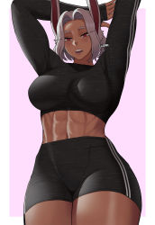 Rule 34 | 1girl, abs, arms up, artist name, boku no hero academia, breasts, crop top, dark-skinned female, dark skin, gud0c, highres, large breasts, long sleeves, looking at viewer, mirko, muscular, muscular female, navel, open mouth, rabbit ears, rabbit girl, red eyes, short hair, shorts, solo, stomach, thick thighs, thighs, white hair, wide hips