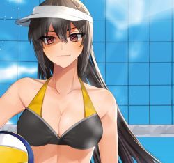 Rule 34 | 1girl, ball, bikini, black bikini, black hair, blush, breasts, cleavage, closed mouth, commentary request, hair between eyes, halterneck, hat, highres, holding, holding ball, kantai collection, long hair, looking at viewer, machi (ritovoyage), medium breasts, nagato (kancolle), red eyes, solo, swimsuit, upper body, very long hair, visor cap, volleyball, volleyball (object), volleyball net, white hat
