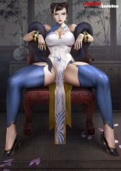 Rule 34 | 1girl, adapted costume, alternate legwear, armchair, black footwear, blue garter straps, blue leggings, blue panties, bracelet, brass knuckles, breasts, brown eyes, brown hair, capcom, chair, china dress, chinese clothes, chun-li, cleavage, cleavage cutout, clothing cutout, commentary, covered abs, detached leggings, double bun, dress, earrings, english commentary, facial mark, fingernails, forehead mark, full body, fur scarf, goatwillow, hair bun, hair ribbon, high heels, highres, jewelry, large breasts, leggings, long legs, looking at viewer, makeup, mascara, nose, o-ring, paid reward available, pale skin, panties, pelvic curtain, petals, red lips, ribbon, short hair, sitting, sleeveless, sleeveless dress, solo, spread legs, stiletto heels, street fighter, street fighter 6, thick thighs, thighs, underwear, weapon, white dress